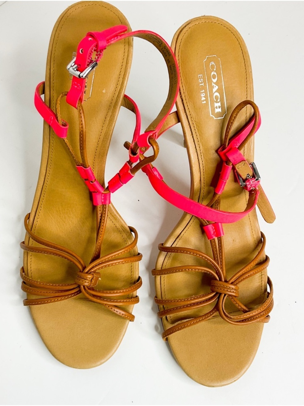 COACH Women’s Tan Leather Sandals with Hot Pink Straps
